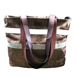 Shoulder Tote Bag by Aleah Wear Zip Top Brown w/ Stripes for Travel, Beach, Shop